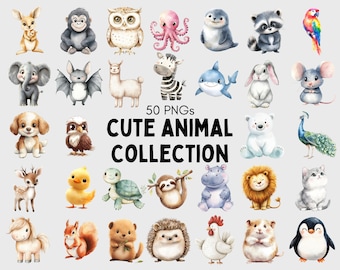 50 Cute Animal Clipart png Bundle, Watercolor Cute Animal Clipart, Animal Clipart, Quirky Animal Clipart, Baby Animal Clipart Printable