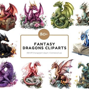 Fantasy Dragon Clipart Set, Dragon Clipart png Bundle, Watercolor Dragon Clipart, Magical Fairytale Clipart, Dragon Clipart Bundle png