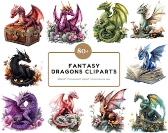Watercolor Fantasy Dragon Clipart Set, Whimsical PNG Bundle (Digital Download)