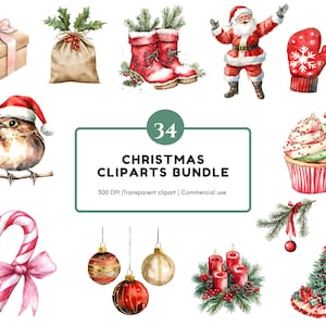 Paquete de imágenes prediseñadas de elementos navideños (PNG), imágenes prediseñadas de elementos navideños en acuarela, imágenes prediseñadas de decoración navideña, Papá Noel (PNG), imágenes prediseñadas de Papá Noel