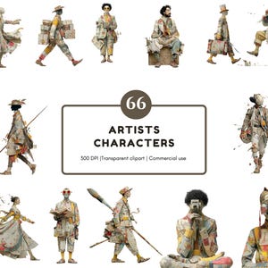 Può includere: Una collezione di arte digitale con 12 personaggi di artisti in varie pose. I personaggi sono vestiti con abiti in stile patchwork con motivi floreali e geometrici. L'immagine include il testo "66 ARTISTS CHARACTERS" e "300 DPI | Transparent clipart | Commercial use."