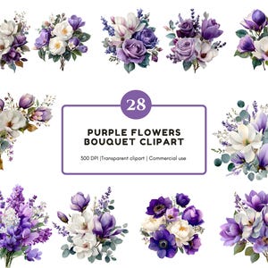 Puede incluir: Colección de 28 ramos de flores de acuarela con flores moradas, incluyendo rosas, magnolias y lavanda. Los ramos están dispuestos en varios estilos, con acentos blancos y verdes. Texto: "PURPLE FLOWERS BOUQUET CLIPART".