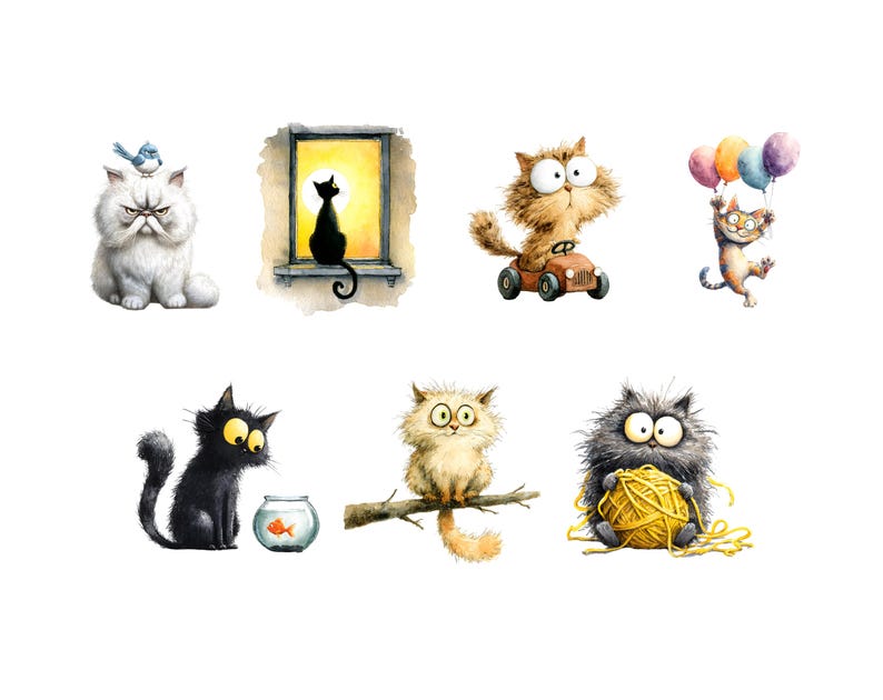 Quirky cats clipart set featuring cute and funny cat illustrations in high-quality PNG files.
Cute quirky cat clipart bundle with playful cartoon cats, expressions, and accessories for crafting projects.
Whimsical cat illustrations set with unique feline characters for scrapbooking and digital design.
Cartoon quirky cats clipart pack featuring fun cat poses and colorful designs for DIY crafts.
Quirky cat PNG clipart collection with adorable and humorous cat illustrations for printables.