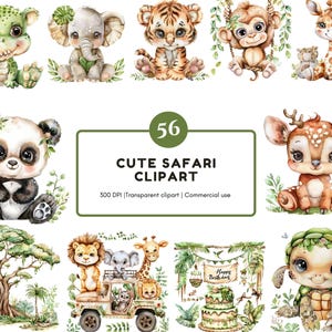 May include: Watercolor illustrations of cute safari animals, including a baby alligator, elephant, tiger, monkey, giraffe, panda, deer, lion, and turtle. The image includes a jeep with safari animals and a birthday cake. The text reads "Cute Safari Clipart".