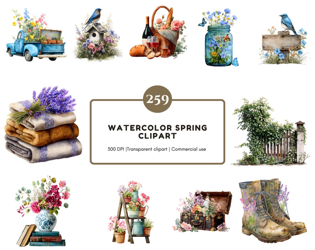 Watercolor Spring Clipart Mega Bundle, Floral Illustration, Bicycle and ...