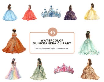 Conjunto de imágenes prediseñadas de quinceañera, paquete de imágenes prediseñadas de quinceañera en acuarela, imágenes prediseñadas de flores y craown, imágenes prediseñadas de vestido de princesa, descarga instantánea