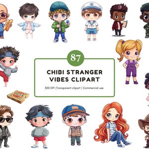 Puede incluir: Una colección de 12 ilustraciones de personajes de estilo chibi. Los personajes son diversos, con varios atuendos y accesorios, incluyendo sombreros y chaquetas. La imagen también incluye una caja de pizza y el texto "CHIBI STRANGER VIBES CLIPART".