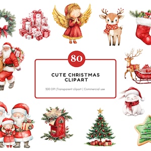 Watercolor Cute Christmas Clipart, Cute Christmas Animal Clipart, Cute Santa Clipart, Cute Christmas Characters, Santa Village Clipart png