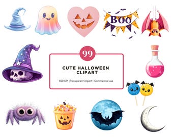 Pacote de clipart fofo de Halloween em aquarela png, clipart de Halloween png, clipart de Halloween em pastel, clipart de Halloween iridescente png, fantasma, morcego