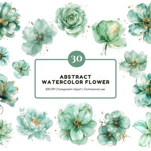 Puede incluir: Colección de 30 ilustraciones de flores abstractas en acuarela en tonos turquesa y verde con detalles dorados. Las flores, incluyendo rosas y lirios, son aptas para uso comercial. El texto dice: 'Abstract Watercolor Flower'.