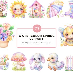 May include: Watercolor spring clipart set featuring a variety of spring-themed illustrations. Includes a smiling sun, a birdhouse, an umbrella, rain boots, flowers, a bee, a bunny, a duckling, and a picket fence. The text reads "Watercolor Spring Clipart".