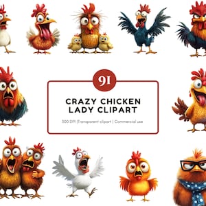 May include: A collection of 91 cartoon chicken clip art images. The chickens are in various poses and expressions, with vibrant colours and exaggerated features. The text "CRAZY CHICKEN LADY CLIPART" is displayed.