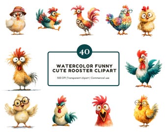 40 Funny Rooster Clipart Bundle, Cute Rooster Clipart png, Funny Cute Rooster Clipart, Baby Chicken Clipart, Chick Clipart, Chicken png