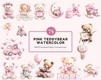 Rosa Teddybär Clipart Bundle, Aquarell Teddybär Clipart, Teddybär png, niedlicher Teddybär, Teddybär Clipart Babyparty