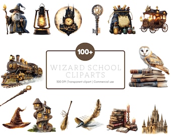 May include: A set of 100+ digital clipart images featuring whimsical illustrations of a wizard school. The images include a wizard, a lantern, a clock tower, a key, a bag of potions, a carriage, a train, a wand, a hat, a building, a broom, a quill and ink, a stack of books, a candle, and an owl. The images are perfect for creating invitations, cards, scrapbook pages, and other craft projects.
