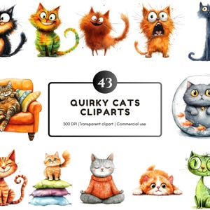 Quirky Cats Clipart png Bundle, Whimsical Kitten Clipart, Cute Cats Clipart, Cute Animals Clipart, Whimsy Cat Clipart, Cat Lovers