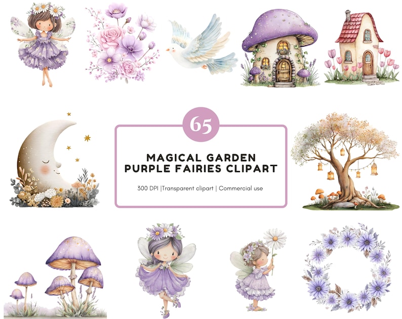 Watercolor Purple Fairies Clipart Bundle, Magical Garden Purple Fairies ...