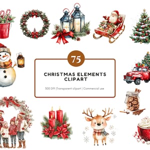 Paquete de imágenes prediseñadas de elementos navideños (PNG), imágenes prediseñadas de elementos navideños en acuarela, imágenes prediseñadas de Navidad, imágenes prediseñadas de adornos navideños, árbol de Navidad (PNG)