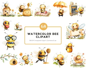 Bee Clipart Bundle png, Watercolor Bee Clipart Set, Cute Bee Clipart, Bee Hive png, Honey Comb Clipart, Honey Bees Clipart