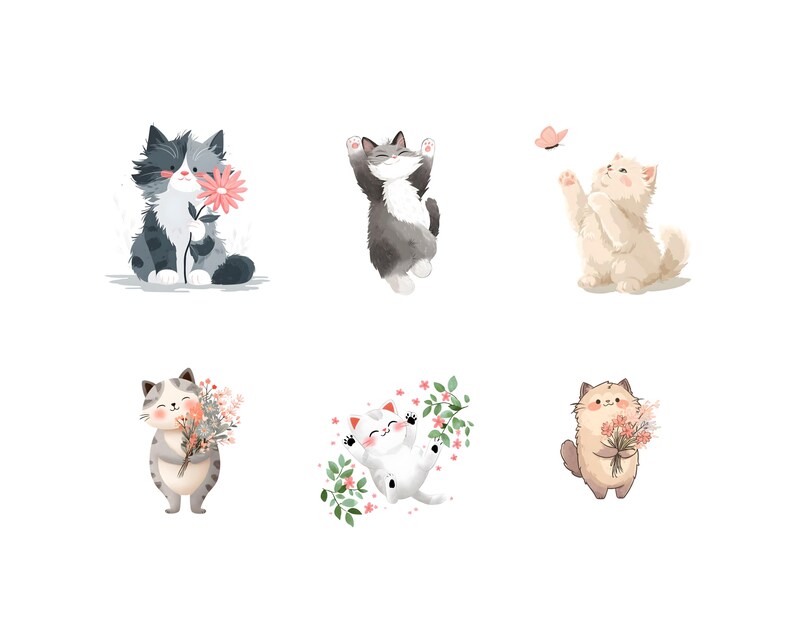 Watercolor Spring Kitten Clipart Bundle, Floral Cat PNG (digital ...