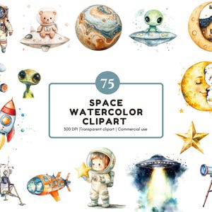 Bundle de cliparts espace aquarelle, clipart espace png, lot de cliparts astronaute, clipart fusée, clipart astronaute mignon, baby shower espace png