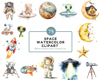 Watercolor Space Clipart Bundle, Astronauts, Rockets (Digital Download)