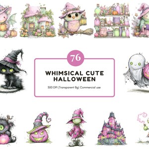 May include: A digital collection of 76 Halloween-themed illustrations featuring pastel-coloured creatures, witches, ghosts, pumpkins, and haunted houses. The central text reads 76 WHIMSICAL CUTE HALLOWEEN 300 DPI | Transparent Bg | Commercial use.