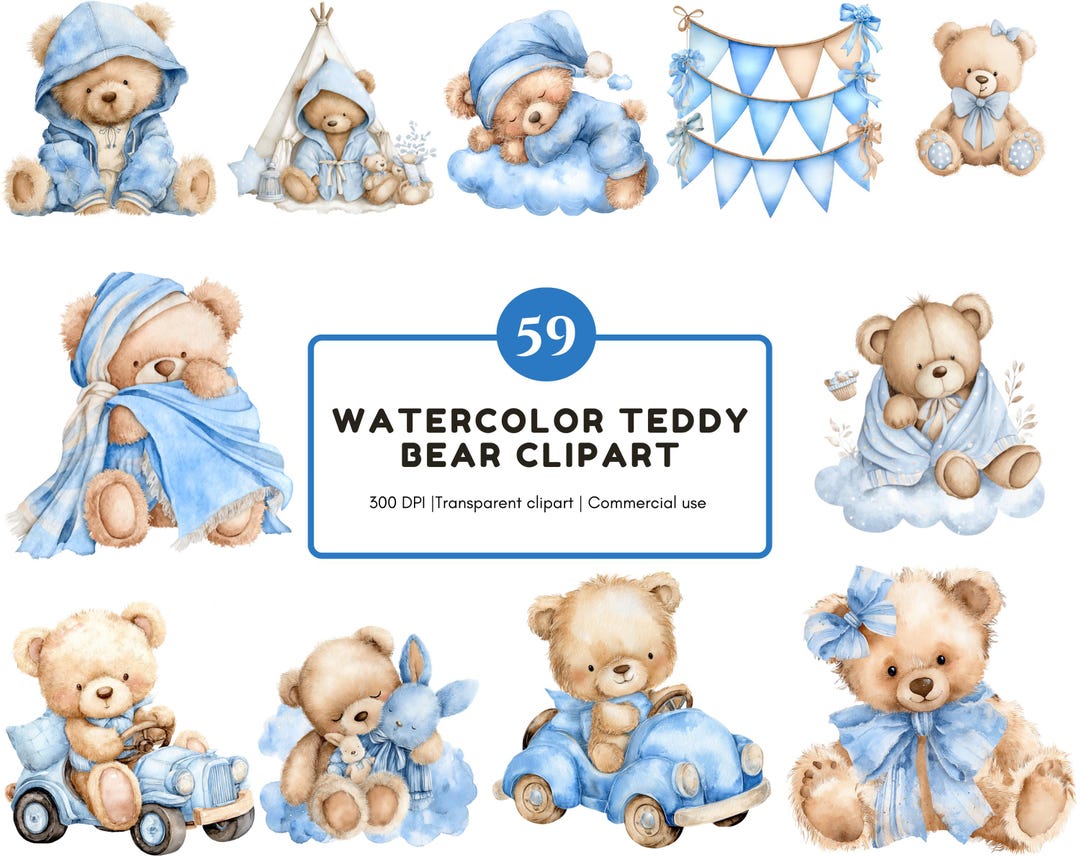 59 Watercolor Teddy Bear Clipart Bundle, Blue Baby Teddies PNG Set ...