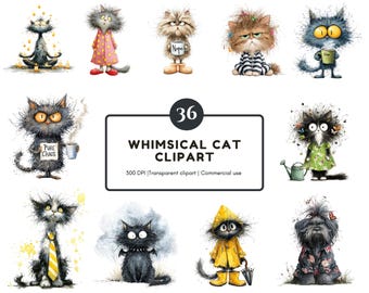 36 akvarell udda katter clipart-paket, nyckfull katt clipart, rolig katt png, skräpjournal, katt png, söta katter clipart, digital nedladdning