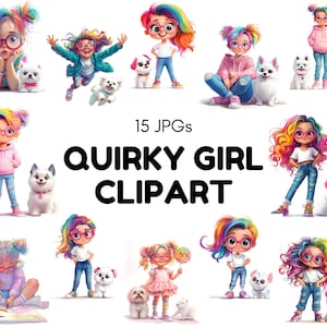 Quirky Girl Clipart Bundle, Cute Girl Clipart, Cute Girl jpg, Watercolor Quirky Girl Clipart, Cute Doll, Whimsical Girl Clipart