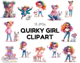 Bundle de cliparts fille originale, jolie fille des cliparts, jolie fille jpg, aquarelle des cliparts fille originale, jolie poupée, clipart fille lunatique