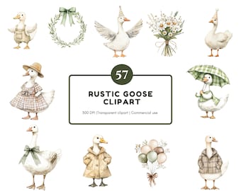 57 rustika gås clipart-paket, akvarell rustik gås png, fånig gås clipart, söt rustik gås png, rolig gås png, boho barnrumsdekor