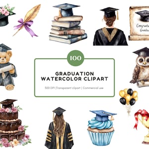 Op de afbeelding: Watercolor clipart set met illustraties met een afstudeerthema. Bevat een afstudeerhoed, boeken, een diploma, een teddybeer in een afstudeerjurk, een uil, een taart, een cupcake, een trofee en ballonnen. De tekst luidt "Graduation Watercolor Clipart".