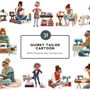 Può includere: Illustrazione digitale con più immagini di donne che cuciono. Ogni immagine include una macchina da cucire, insieme a rocchetti di filo e altri accessori per cucire. Il testo "Quirky Tailor Cartoon" è visualizzato al centro.