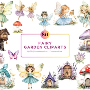 Aquarell Feengarten Clipart png Bündel, Magischer Garten, Feen Clipart png, Niedliches Fantasy Fee Clipart, Fee erster Geburtstag Clipart png
