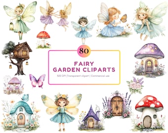 May include: A set of 80 watercolor fairy garden clipart images. The images include fairies, mushrooms, houses, butterflies, and flowers. The images are perfect for creating digital or printed projects.