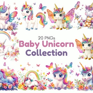Clipart di raccolta di unicorni carini ad acquerello, Clipart di unicorno bambino, Clipart di png di unicorno, Clipart di unicorno magico, Clipart di set di raccolta di unicorni
