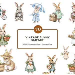 Watercolor Bunny Clipart Bundle, Vintage Bunny Clipart png Bundle, Cute Bunny Clipart png, Easter Bunny Clipart, Cute Easter Bunny Clipart