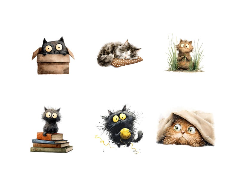 Quirky cats clipart set featuring cute and funny cat illustrations in high-quality PNG files.
Cute quirky cat clipart bundle with playful cartoon cats, expressions, and accessories for crafting projects.
Whimsical cat illustrations set with unique feline characters for scrapbooking and digital design.
Cartoon quirky cats clipart pack featuring fun cat poses and colorful designs for DIY crafts.
Quirky cat PNG clipart collection with adorable and humorous cat illustrations for printables.