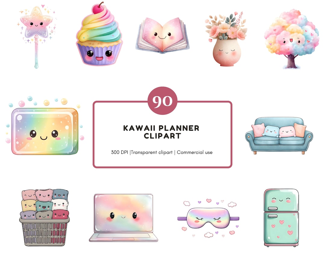 90 Kawaii Planner Clipart Bundle, Cute Digital Stickers for Goodnotes ...
