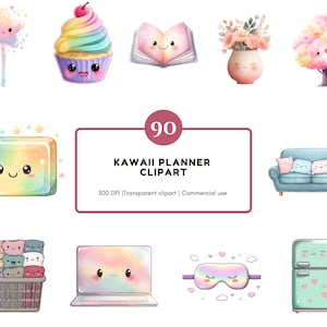 May include: A collection of 90 Kawaii planner clipart images. The images include a star wand, cupcake, open book, vase of flowers, tree, a rainbow-colored rectangle, a sofa, a basket of smiling faces, a laptop, a sleep mask, and a refrigerator.