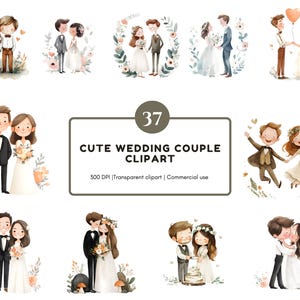 May include: A collection of watercolour illustrations featuring cartoon wedding couples. The brides are in white dresses, and the grooms are in suits. The image includes the text "37 CUTE WEDDING COUPLE CLIPART". The illustrations are suitable for various creative projects.