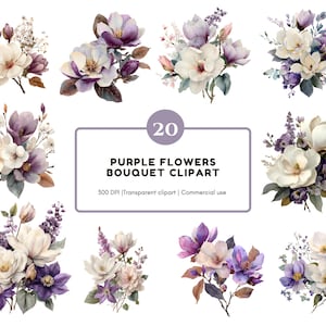 Purple Flower Clipart png Bundle, Watercolor Purple Flower Clipart, Purple Flowers Bouquet Clipart png, Purple Flowers Clipart Collection