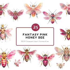 Może przedstawiać: Zbiór 25 akwarelowych ilustracji fantazyjnych różowych pszczół miodnych. Pszczoły mają różowe, pomarańczowe i złote skrzydła i ciała. Obraz zawiera tekst "FANTASY PINK HONEY BEE" i "300 DPI | Transparent clipart | Commercial use."