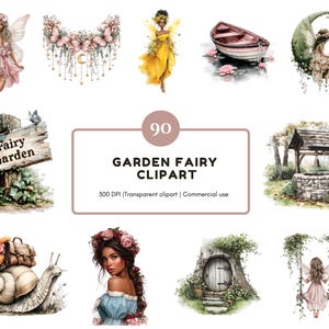 May include: A collection of watercolor illustrations featuring fairies, a boat, a sign that says "Fairy Garden", and other garden-themed elements. The text "Garden Fairy Clipart" is also included.