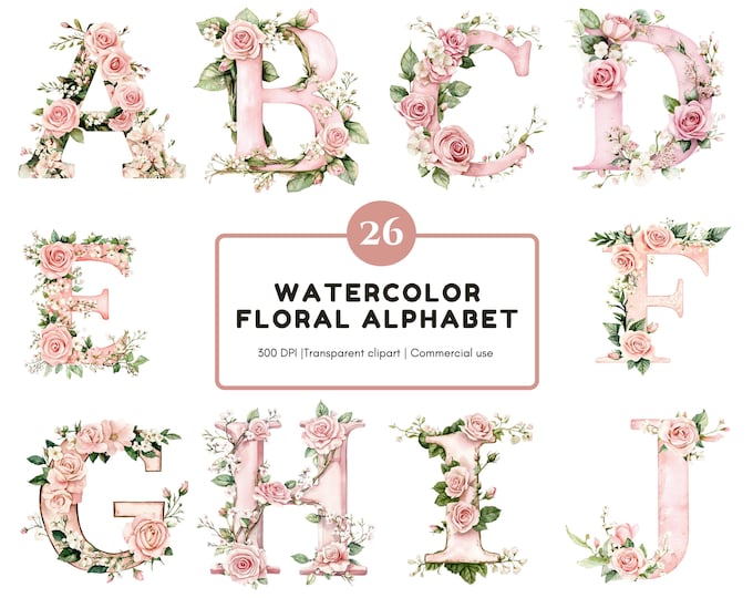 Watercolor Alphabet Clipart, Floral Letters Clipart, Lettering Clipart ...