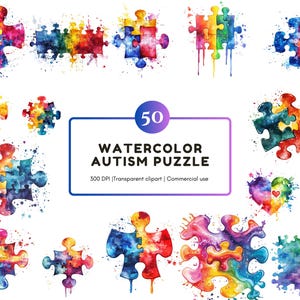 Watercolor Autism Awareness Clipart Bundle, Colorful Puzzle Piece Autism Awareness png, Autism Puzzle Heart Clipart, Autism Awareness Bundle