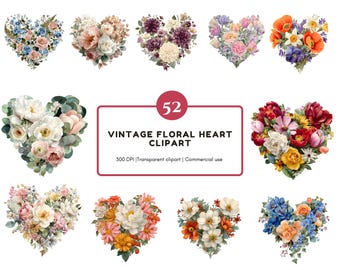 Paquete de imágenes prediseñadas de corazón floral, imágenes prediseñadas de corazón de acuarela, imágenes prediseñadas de corazón de flores, imágenes prediseñadas de corona de corazón floral, imágenes prediseñadas de corazón de San Valentín