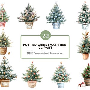 May include: A watercolour illustration featuring 22 potted Christmas trees. Each tree is adorned with decorations and a star. The trees are in diverse pots, such as metal buckets and woven baskets. The text reads "Potted Christmas Tree Clipart".