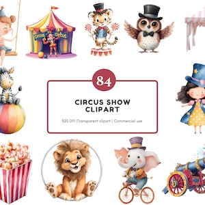 Circus Show Clipart Bundle png, Watercolor Circus Clipart png, Cute Circus Animals Clipart, Circus Party Tent Clipart, Clown Clipart
